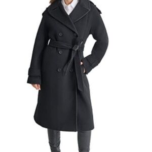 Dkny Black Trench Peacoat Coat with Belted Waist and Notched Lapel